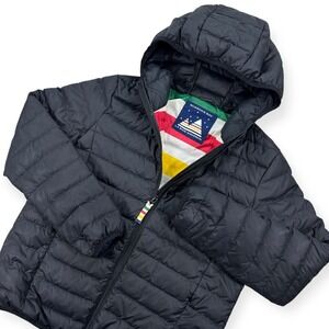 Hudson's Bay Jacket Size M Black Hooded Goose Down Puffer Color Stripes Liner